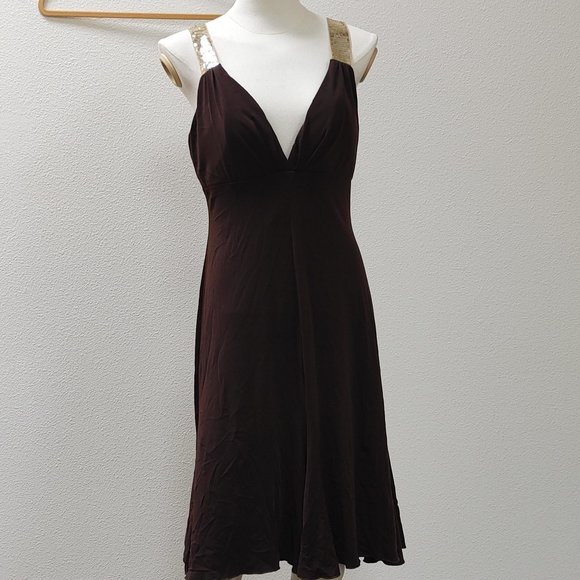 BROWN PARTY DRESS WITH GOLD SEQUINED STRAPS BLONIE NITES BY LINDA BERNELL S11 - Picture 1 of 11